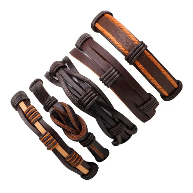 Vintage Casual Leather Charm Bracelets  - Multilayer Braid Wrap Bangles