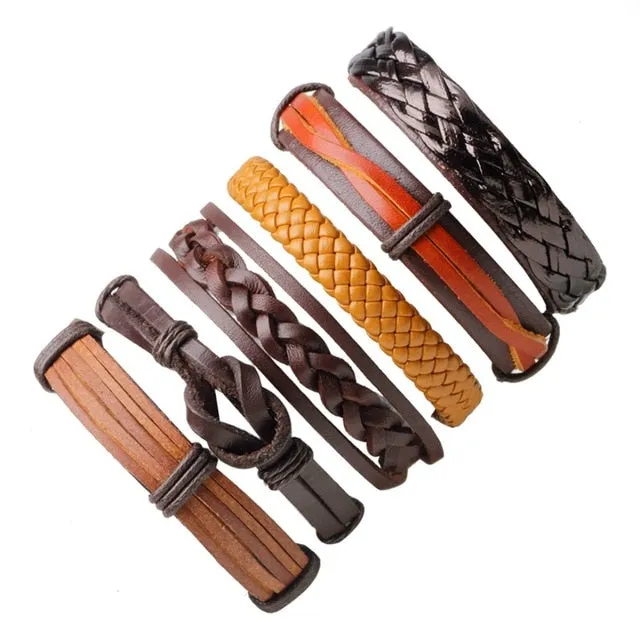 Vintage Casual Leather Charm Bracelets  - Multilayer Braid Wrap Bangles