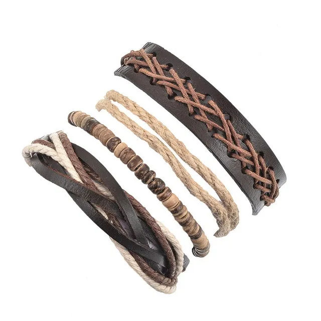 Vintage Casual Leather Charm Bracelets  - Multilayer Braid Wrap Bangles