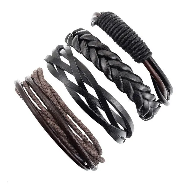 Vintage Casual Leather Charm Bracelets  - Multilayer Braid Wrap Bangles