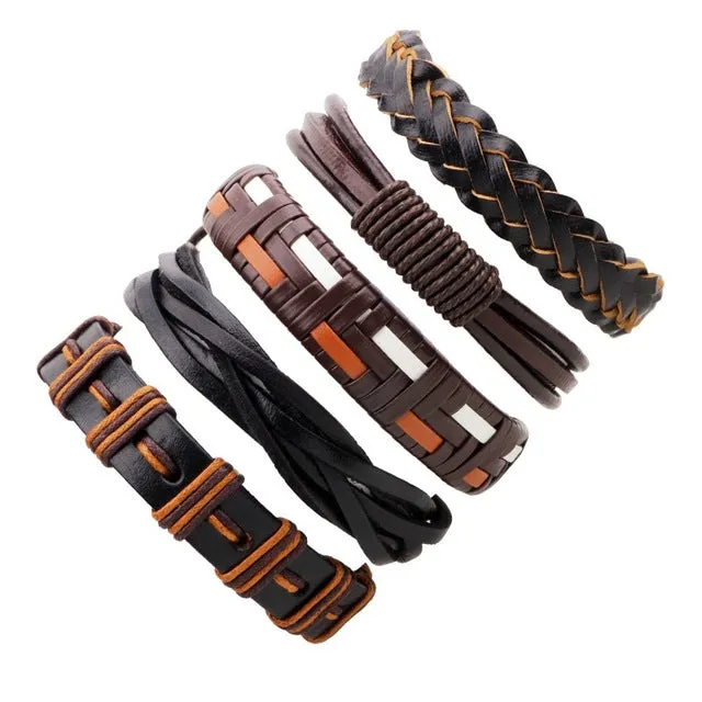 Vintage Casual Leather Charm Bracelets  - Multilayer Braid Wrap Bangles
