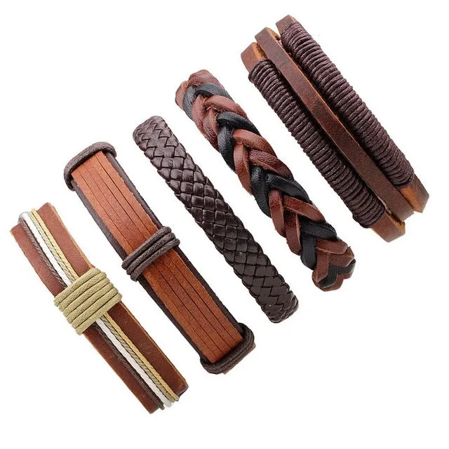 Vintage Casual Leather Charm Bracelets  - Multilayer Braid Wrap Bangles