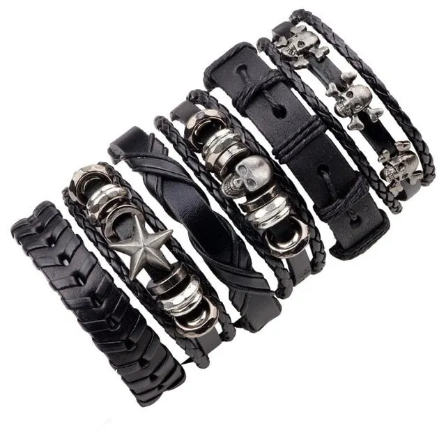 Vintage Casual Leather Charm Bracelets  - Multilayer Braid Wrap Bangles
