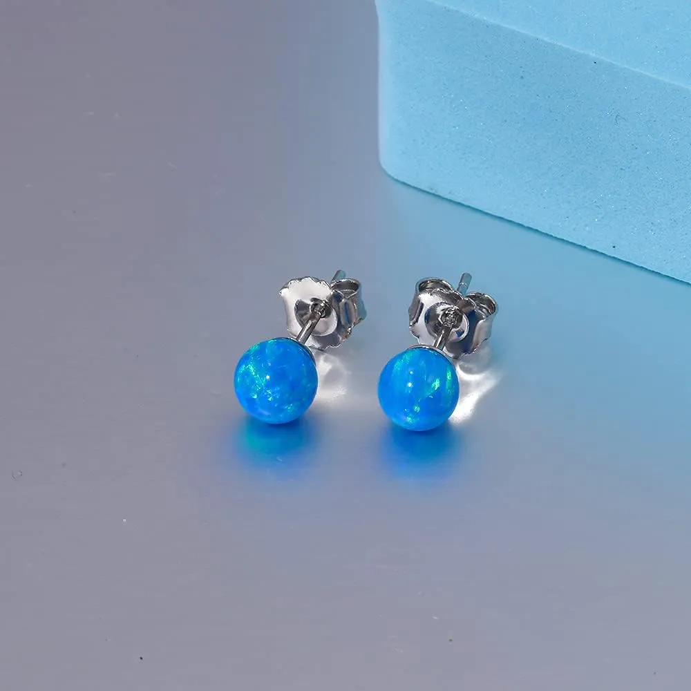Womens 925 Sterling Silver Opal Ball Stud Earrings Hypoallergenic Jewelry for Girls 6mm