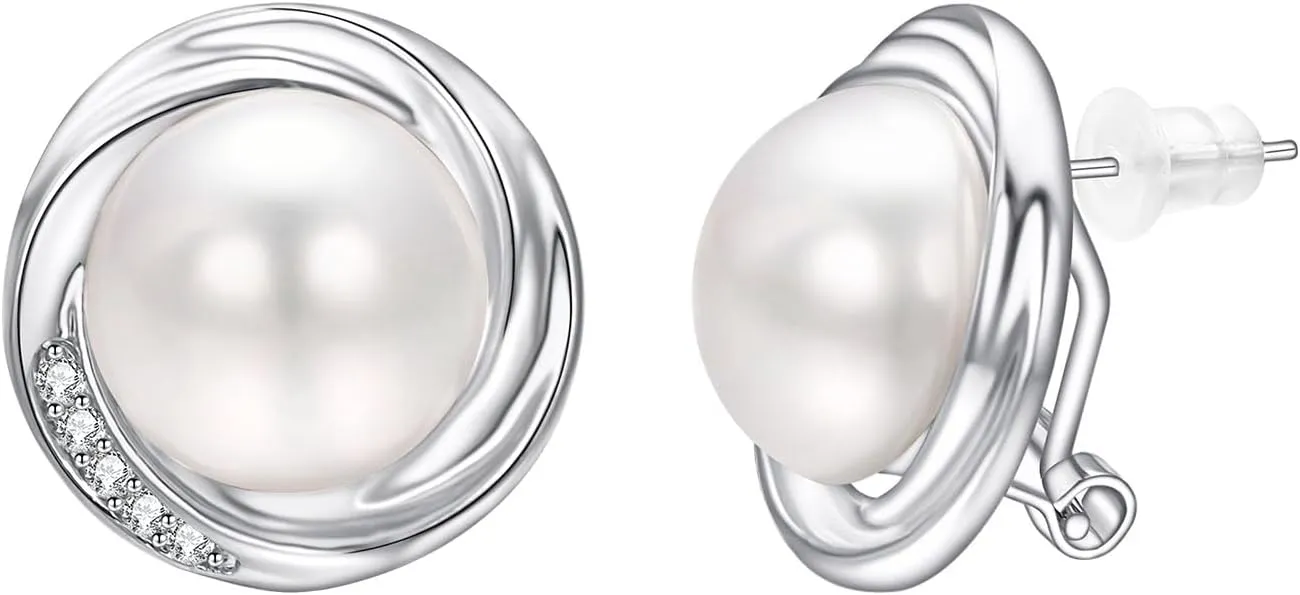 Yoursfs Round White Pearl Stud Earrings for Women Dainty Hypoallergenic Spiral Earrings Cubic Zirconia Jewelry
